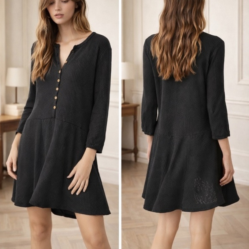 Free People Blossom Black Ribbed Button Front Boho Long Sleeve Mini Dress